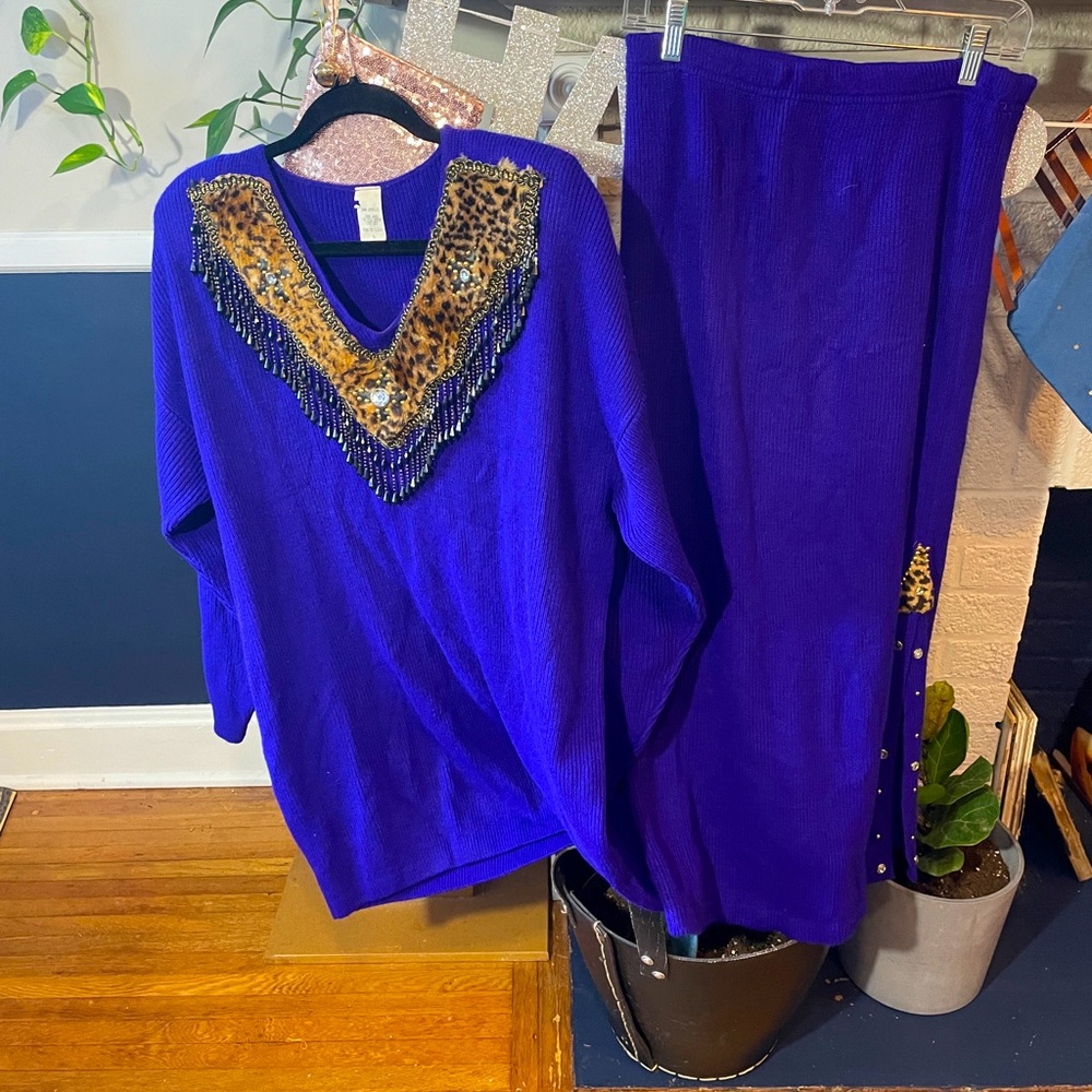 Vintage 80s Purple Sweater and Skirt Set Leopard Gold and Diamond Decor Size XL